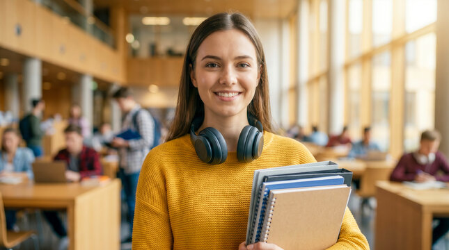 Smiling female student holding notebooks in a modern university library with classmates in the background.