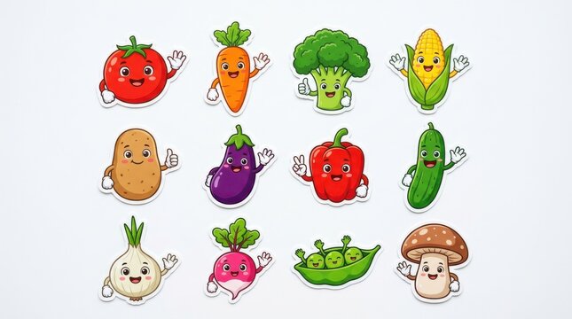 Cute cartoon vegetable stickers set. Funny healthy food characters for kids design.
