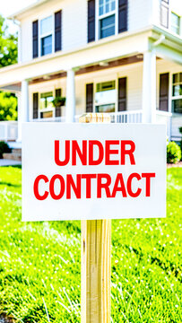 Under contract sign placed in the front yard of a modern suburban family home.