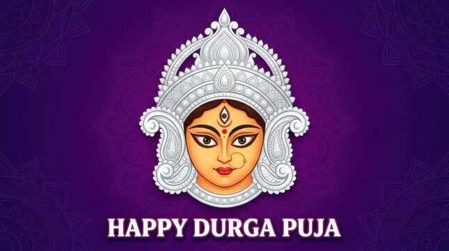Goddess Durga face illustration. Happy Durga Puja festival greeting card design.