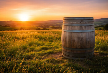 Obraz premium Wooden wine barrel in a golden field at sunset, agriculture and winemaking concept, rural landscape background