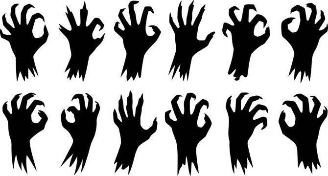 A collection of twelve scary zombie hand silhouettes with sharp claws isolated on a white background for halloween designs