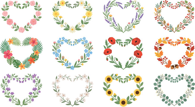 Heart shaped floral wreath vector collection featuring botanical frames with roses sunflowers lavender and autumn leaves.
