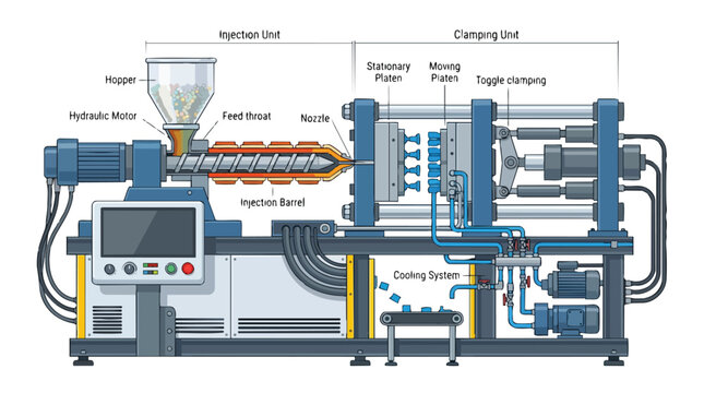 Technical diagram of an industrial plastic injection molding machine.