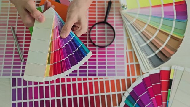 Choosing color swatches for design projects in an office workspace in the afternoon