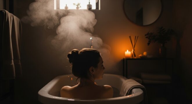 Serene Woman Relaxing In Steamy Bathtub With Candlelight