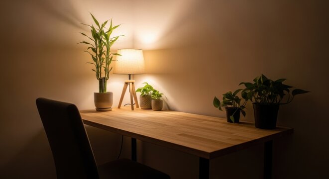 Serene Workspace Corner With Ambient Desk Lamp And Lush Green Plants