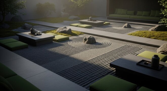 Serene Zen Garden Oasis With Raked Sand And Cushioned Seating Minimalist Relaxation Space