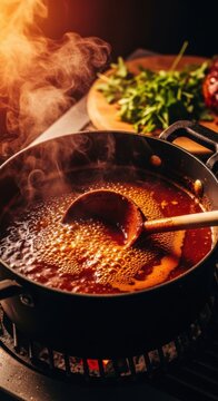 Simmering Stew In A Pot With Steam Rising And Wooden Spoon