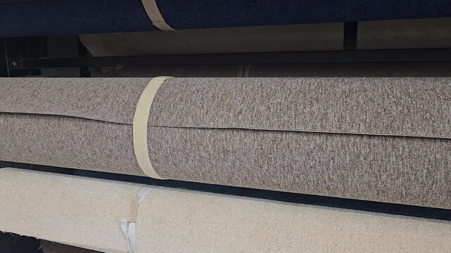Different types of fabric rolls displayed in a store
