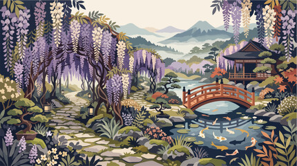 Obraz premium Mid Century Modern Enchanted Purple Flower Garden Editorial Landscape Illustration