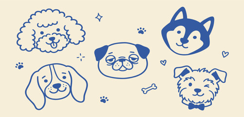 Obraz premium Dog Breed Faces Doodle Set Vector Illustration