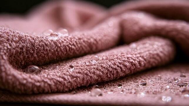 A soft pink towel with water droplets resting on its textured surface  captured in a detailed ro shot