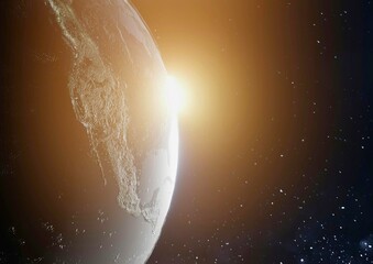 Earth planet view from space at sunrise. Global sunrise over the horizon in deep space. © HA Sento