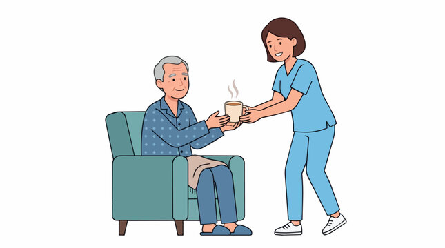 Caring nurse offers a warm cup of coffee to an elderly man sitting in a comfortable armchair, promoting well-being and self-care