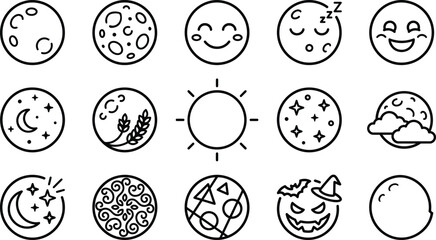 Full-Moon Outline Celestial Lunar Icon Collection Premium Vector Set for Night Sky, Astronomy, Halloween, Weather, and Fantasy Design Projects © CraftPixel