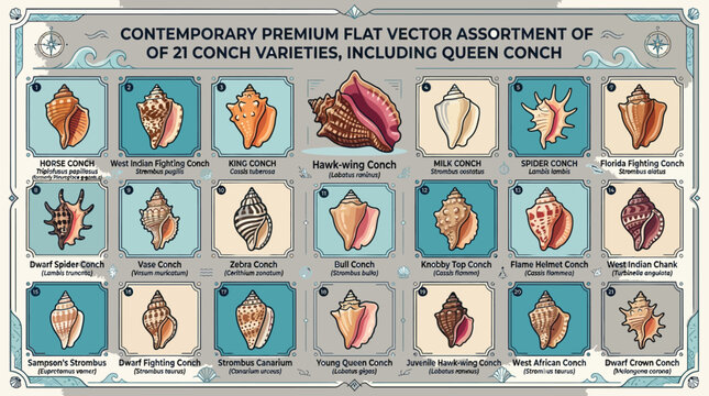 Illustrated infographic set of twenty-one conch shell varieties including queen conch for marine life study