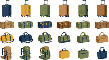 Travel luggage and bags vector collection featuring suitcases backpacks duffel bags and vintage trunks for journey. © MstHura