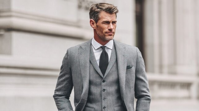 Sophisticated man in a three-piece grey suit looking confidently into the distance outdoors