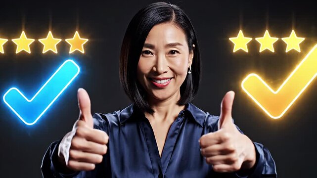 Woman giving thumbs up with digital star rating.