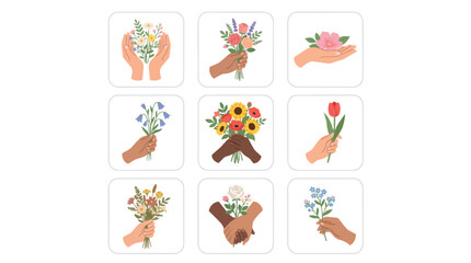 Fototapeta premium Diverse Hands Offer Flowers Symbolizing Self Care Well Being and Breast Cancer Awareness Month Support