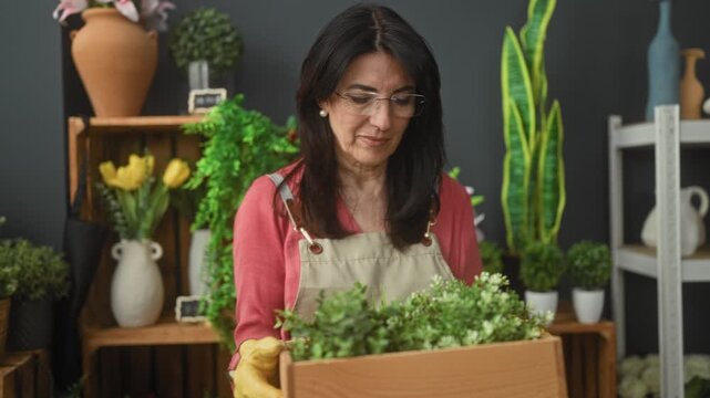 Woman florist holding a wooden planter of green plants, wearing apron and gloves inside a flower shop studio; serene care.