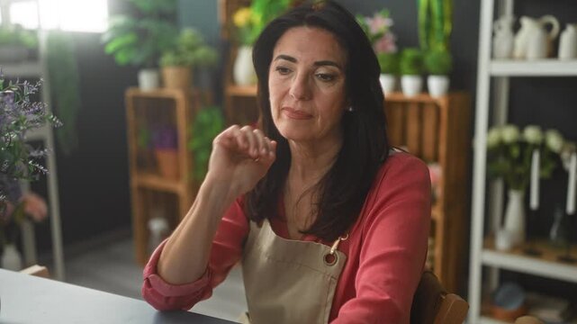 Woman florist touching neck, wearing apron at counter surrounded by potted flowers and wooden shelves in studio; weary reflection.