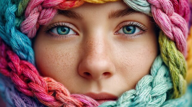 Close-up of a woman's face with vibrant, colorful braided yarn framing her features.