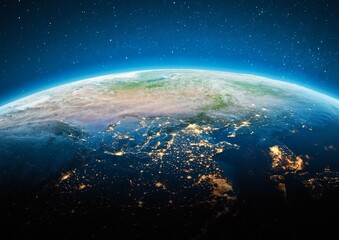 Earth view from space at night. Glowing city lights on planet horizon in deep cosmos. © HA Sento