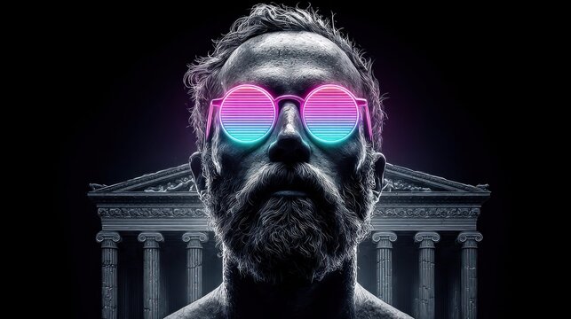 Man with neon retro glasses in front of ancient Greek architecture, dark background