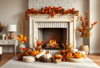 Fototapeta premium Cozy autumn fireplace with burning logs decorated with orange and white pumpkins fall leaves and seasonal decor for thanksgiving and halloween