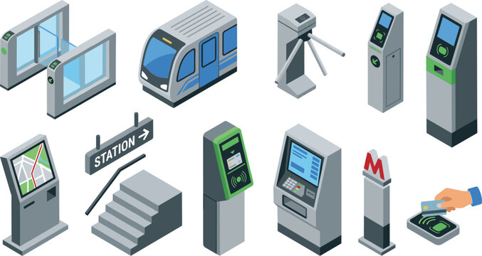 Isometric Subway Automated Ticketing and Access Control Element Set with Train Navigation Kiosk Ticket Machines Security Turnstiles and Contactless Payment Vector Icons