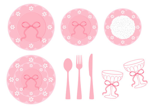 Cute pink tableware collection featuring floral plates, rice dish, spoon, fork, knife, and elegant bow glasses in hand drawn flat vector style for dining, kitchen decor, menus, and food packaging.