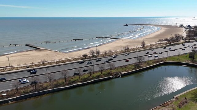 Right to left traffic Chicago Aerial Grant Park Downtown in springtime