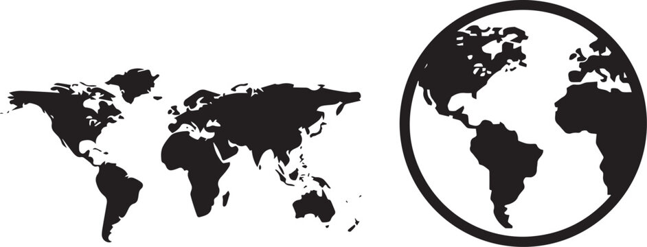 World map silhouette icons, black global earth globe vector set, flat geographic atlas continents for international business and travel logistics