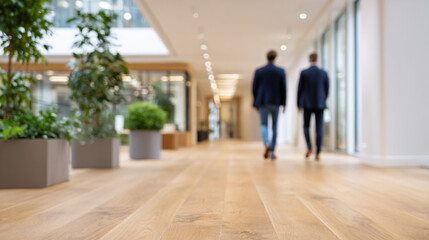 Fototapeta premium Luxury Coworking Space with Modern Architecture Wooden Textures and Blurred Professional Silhouettes