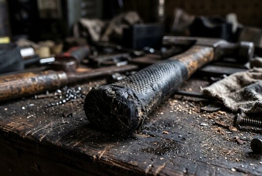 Macro close up of a tool hammer rubber grip handle edge with accumulated dark grime