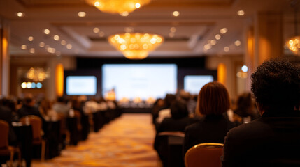 Naklejka premium Abstract Blurred Background of Corporate Audience Watching Keynote Presentation at Premium Conference