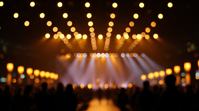 Abstract Blurred Church Background with Worship Stage and Golden Bokeh Lights