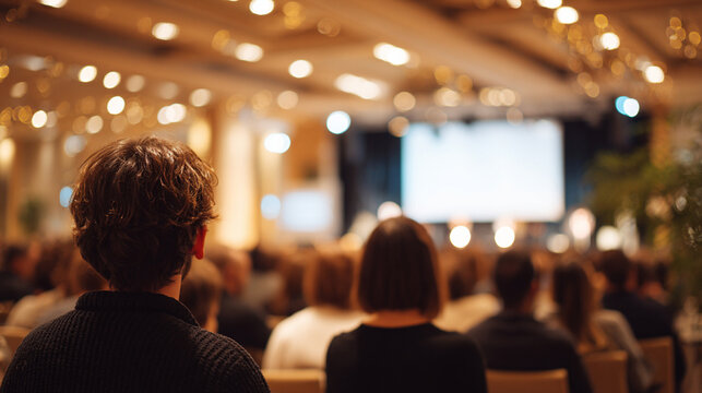 Abstract Blurred Background of Corporate Audience Watching Keynote Presentation at Premium Conference
