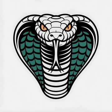 Stylized cobra snake head with green scales and orange eyes, isolated on a white background, for projects