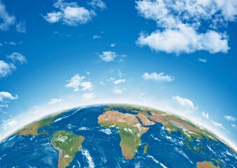 Planet Earth view from space. Global world map with blue sky and white clouds. © HA Sento