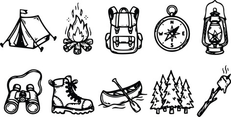 Set of hand drawn camping and hiking equipment icons featuring a tent campfire backpack compass lantern binoculars boot canoe trees and toasted marshmallow © Arun