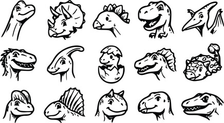 Set of cute cartoon dinosaur heads and faces in black and white ink sketch style collection for children educational materials and fun animal designs © Arun