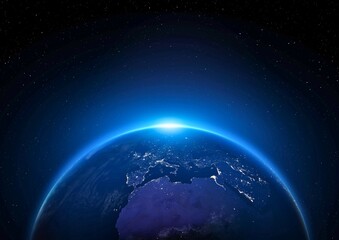 Fototapeta premium Earth planet view from space. Glowing sunrise over the horizon of the globe in orbit.