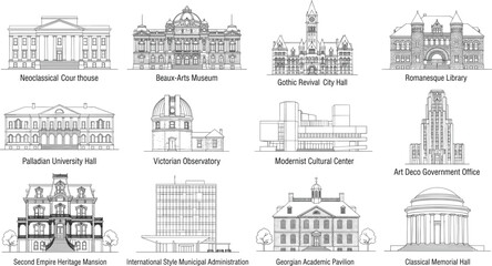 Obraz premium Historic Architecture Landmark Building Facades Line Art Illustration Collection for Urban Design