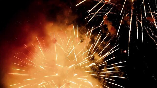 Bright fireworks exploding in the dark night sky with golden and red sparks during a festival celebration.