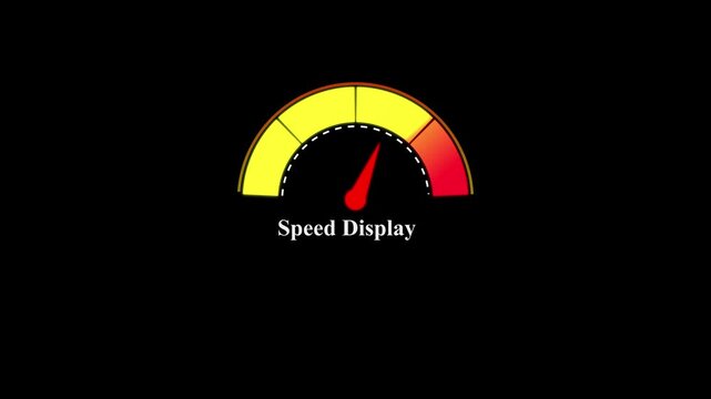 Graphical speedometer gauge with a red needle pointing to a yellow and orange scale on a black background for measuring speed and performance metrics