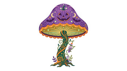 Fantasy decorative mushroom with pumpkin face and magic potion bottle illustration for halloween art. © NURAESHA