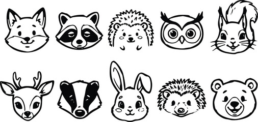 Fototapeta premium Set of cute forest animal head icons featuring a fox raccoon hedgehog owl squirrel deer badger rabbit and bear in a simple black ink sketch style